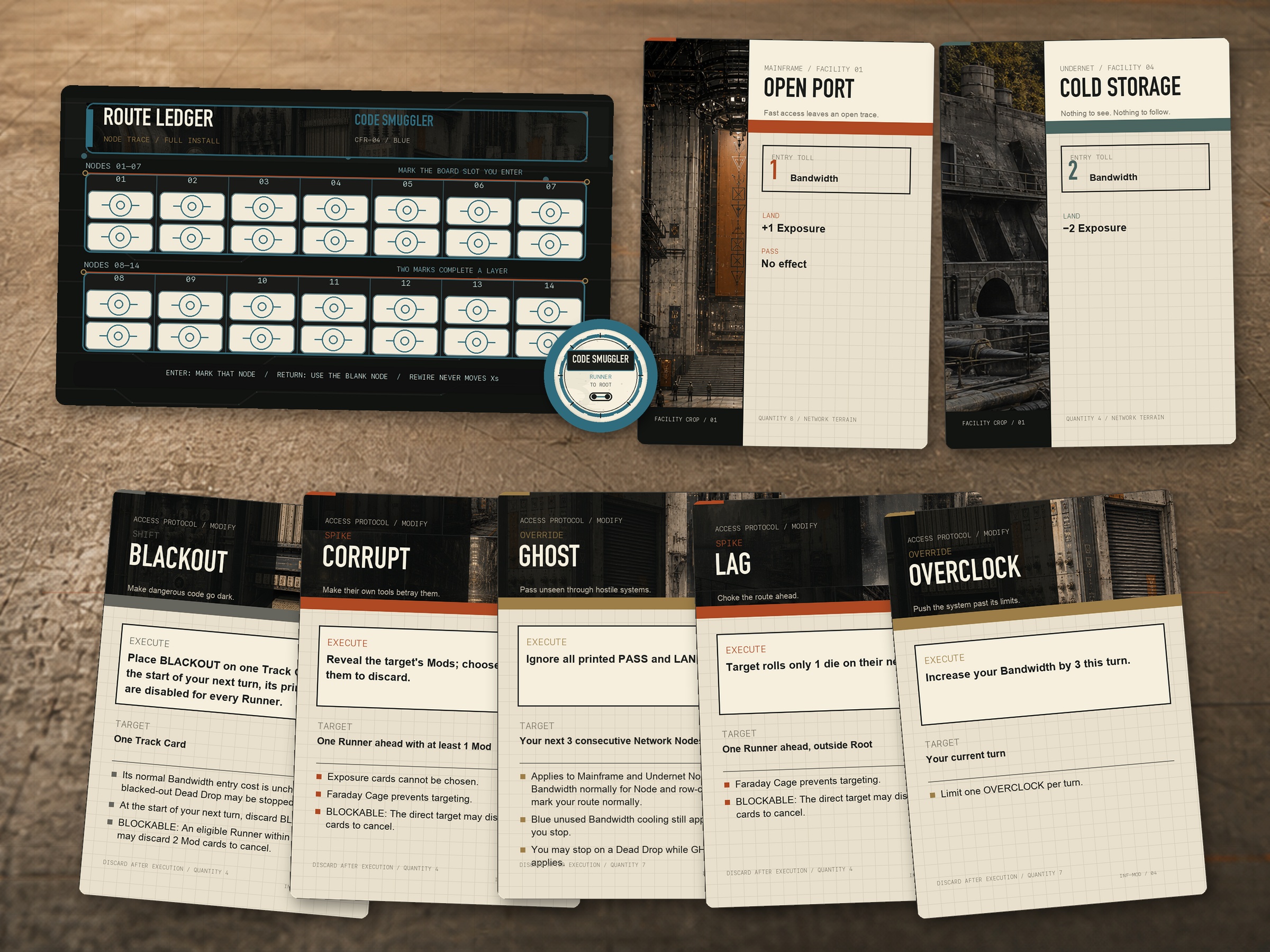 Code Smuggler Route Ledger and marker beside Mainframe and Undernet cards with five Mod cards arranged below