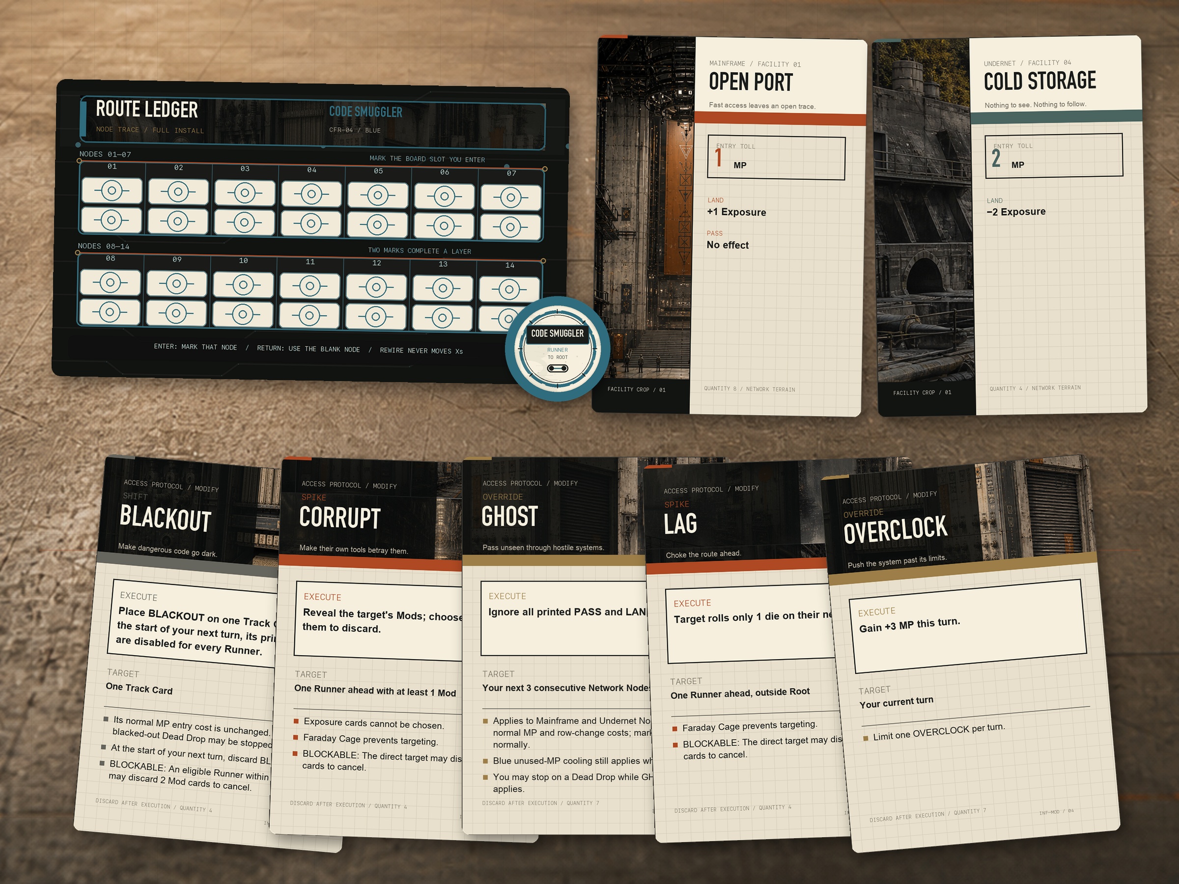 Code Smuggler Route Ledger and marker beside Mainframe and Undernet cards with five Mod cards arranged below