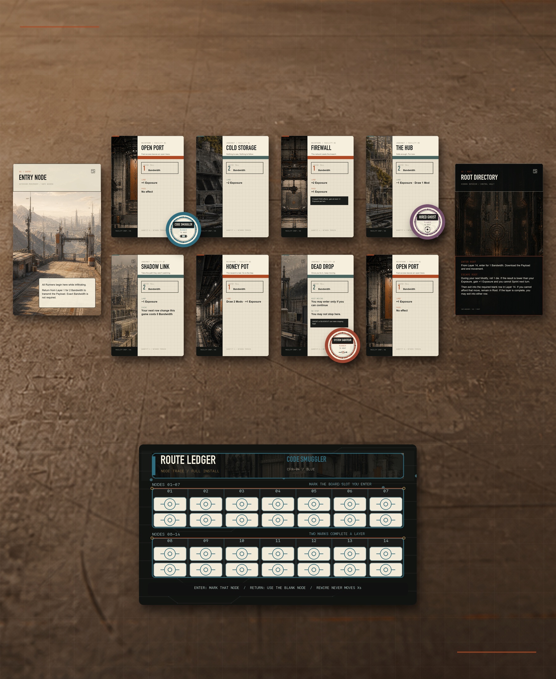 A high-resolution top-down game of The Architect with eight network cards, three Runners, Entry, Root, and a Route Ledger